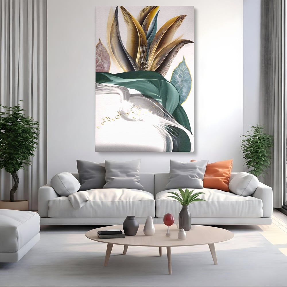 Tablou canvas cu tablou vertical cu pene si frunza, fara rama, pe sasiu de lemn, pe perete intr-un living